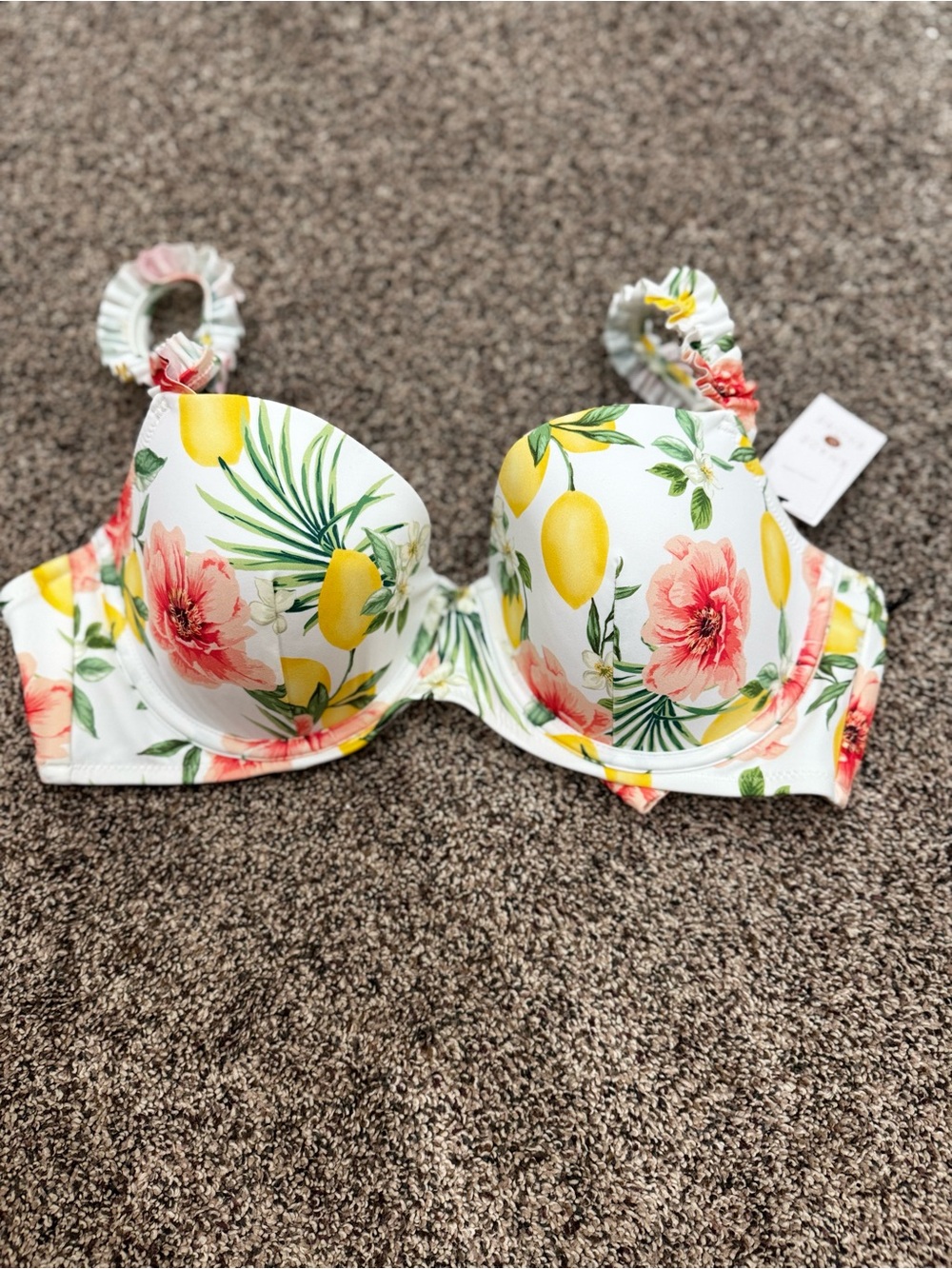 Shade & Shore White Bikini Top with Yellow Lemons and Pink Floral Print